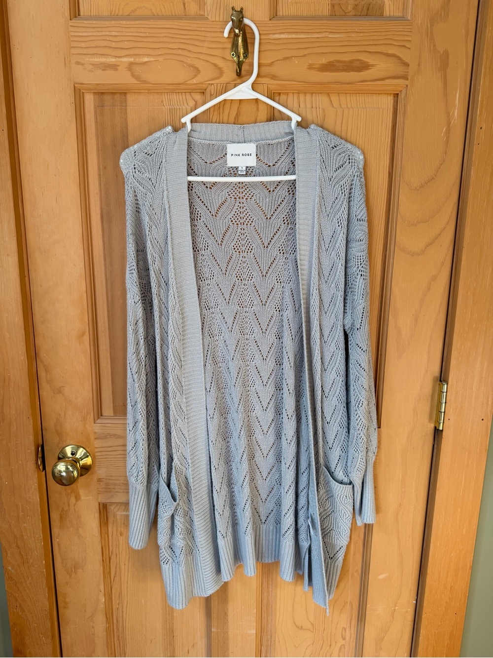 Pink Rose Light Gray Open-Front Knit Cardigan with Lace Stitch